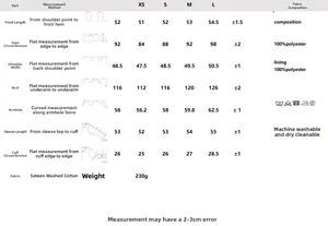 Detailed size chart for women jacket showing measurements for XS to L in centimeters