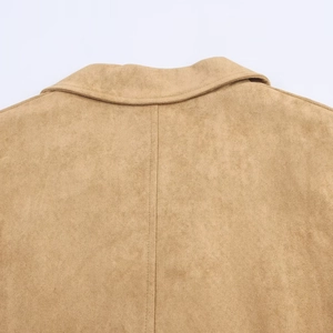 Back view of camel faux suede long coat featuring classic lapel and center seam detail