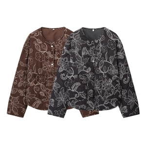 Women Casual Quilted Jacket Vintage Floral Embroidery Round Neck Single Breasted Loose Outerwear Coat With Pockets For Autumn