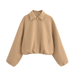 Detail of khaki zip-up jacket featuring notched lapels and smooth wool-like texture