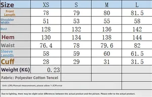 Size chart for poplin shirt showing XS-L measurements, fabric details and fit instructions