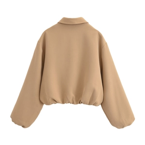 Rear view of camel cropped zip-up jacket featuring elasticized hem and turn-down collar