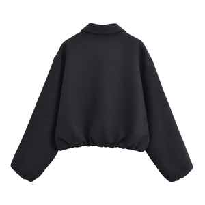 Rear view of black cropped jacket featuring turn-down collar and elastic hem detail