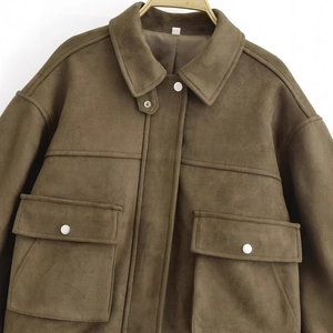 Women's dark tan faux suede cargo jacket featuring a classic lapel and utility pockets