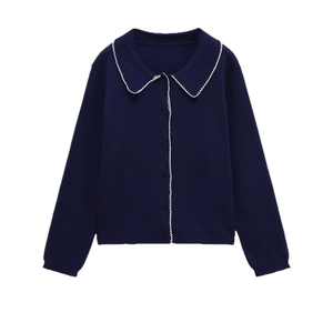 Navy blue knit cardigan with white wavy trim and elegant buttons for women
