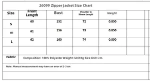 Size chart for women zip-up jacket detailing length chest and sleeve measurements in cm