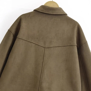 Back view of brown faux suede utility jacket with classic collar and structured stitching