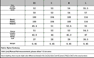 Detailed size chart for corduroy quilted jacket showing measurements in CM from XS to L