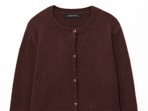 Close-up of brown knit cardigan with matching buttons and soft texture details