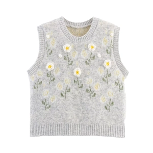 Women's grey knit vest featuring 3D white daisy flowers and green leaf embroidery