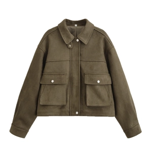 Women's olive green faux suede utility jacket with silver buttons and flap pockets