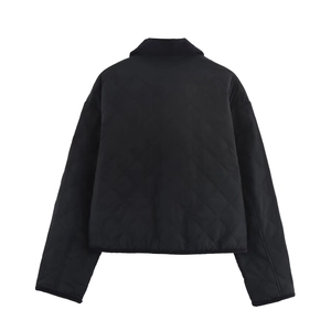 Rear view of black quilted corduroy jacket with diamond stitch details and turnover collar