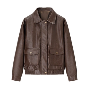 Vintage brown PU leather biker jacket with flap pockets and elastic hem for women