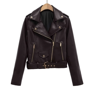 Veste de Motard en Similicuir Vintage pour Femmes Avec Ceinture Revers Fermeture Éclair Manches Longues Ample Court Streetwear Manteau Décontracté