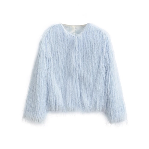 Women's 2025 autumn light blue crewneck jacket with stylish fringe faux fur texture