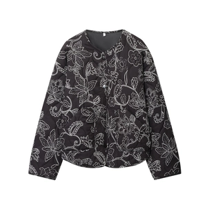 Detail of vintage quilted jacket showing white floral embroidery and button closure