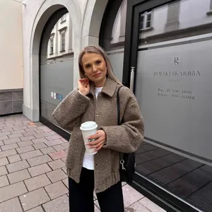 Women's autumn casual loose fit dark brown faux wool jacket with stylish lapel collar