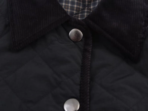 Detail of black quilted jacket featuring corduroy collar and silver snap buttons