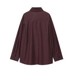 Deep burgundy long sleeve poplin shirt for women featuring a back yoke with box pleat detail