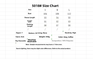 Size chart for the knitted cardigan with dimensions, fabric data and care instructions