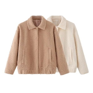 Women's loose sherpa fleece jacket with lapel collar in khaki and off-white colors