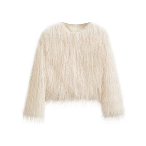 Women's cream white round neck cropped jacket with shaggy fringe long sleeve texture