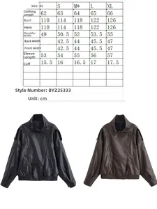 Detailed size chart and measurement guide for the women's faux leather stand collar jacket