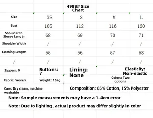 Size guide for embroidered long sleeve shirt with chest measurements and fabric specs