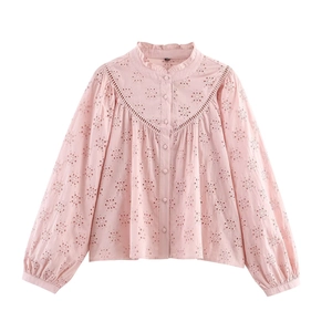 Women Elegant Embroidered Eyelet Ruffle Collar Shirt Long Sleeve Cotton Blend Loose Pink Blouse Sweet Vintage Style Top