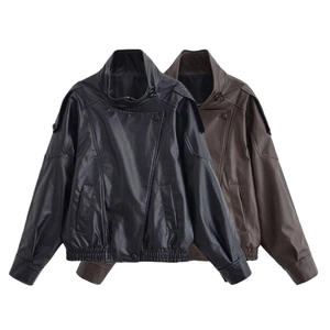 Women's Vintage PU Faux Leather Biker Jacket Stand Collar Loose Long Sleeve Retro Casual Outwear Fashion Coat