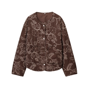 Quilted dark brown jacket for women featuring white floral patterns and button closure