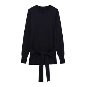 Women Casual Navy Blue Crew Neck Long Sleeve Knit Sweater Solid Color Loose Pullover With Tie Knot Detail Soft Knitwear