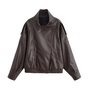 Detail of dark brown PU leather jacket with stand collar and textured shoulder epaulettes