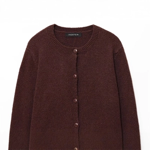 Women's crewneck knit cardigan in dark reddish brown with button-down front closure