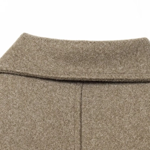 Short lapel wool blend coat in camel brown featuring high-quality fabric texture and stitching