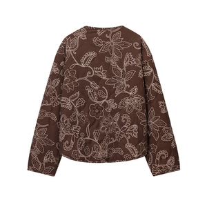 Brown quilted jacket for women featuring detailed floral paisley embroidery and a loose fit