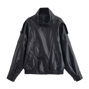 Detailed close-up of high-quality PU leather texture on a black stand collar jacket