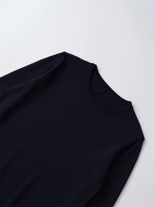 Detail of the crew neck collar and fine knit texture on a navy blue pullover sweater