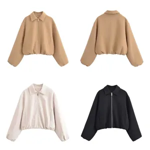 Women's Fashion Solid Color Zip Up Short Jacket Streetwear Western Lapel Long Sleeve Casual Coat For Autumn Winter Outwear
