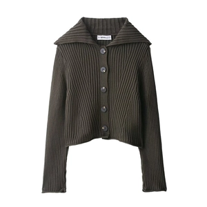Women's Ribbed Knit Cardigan Sweater Vintage Lapel Button Down Cropped Long Sleeve Top Casual Fall Solid Knitwear