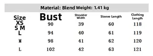 Size chart for women's long coat showing measurements for XS to L in centimeters