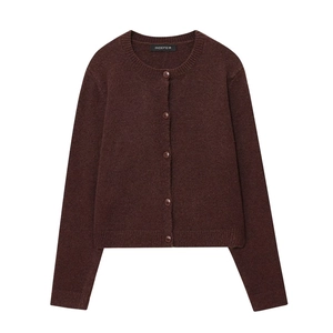 Women's crew neck dark brown knit cardigan with ribbed cuffs and classic button closure