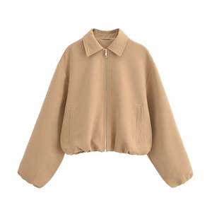 Women's street style khaki zip-up cropped jacket with lapel collar and elastic hem