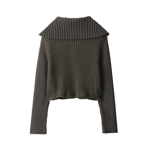 Women's autumn dark brown ribbed knit jacket with wide lapel collar and long sleeves