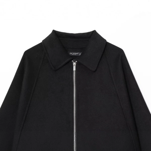 Women street fashion loose black faux wool jacket with silver zipper and lapel collar