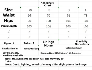 Size chart for women's denim jeans with waist and hip measurements for XS to L sizes