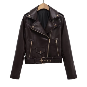 Giacca da Moto in Ecopelle Vintage da Donna Con Cintura Revers Cerniera Manica Lunga Larga Corta Streetwear Cappotto Casual
