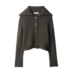 Women's dark green ribbed knit cardigan with oversized lapel and large button details