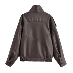 Detail view of the brown PU leather jacket back with elastic hem and stitching