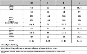 Detailed size guide table for women quilted jacket showing XS to L measurements in CM